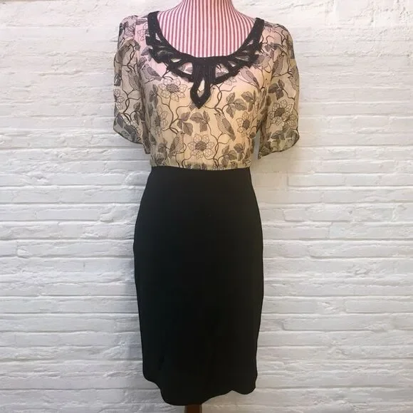 Anthropologie Whimsical Silk Dress Birds Flowers Retro Pencil Eva Franco Size 4 - Picture 2 of 10